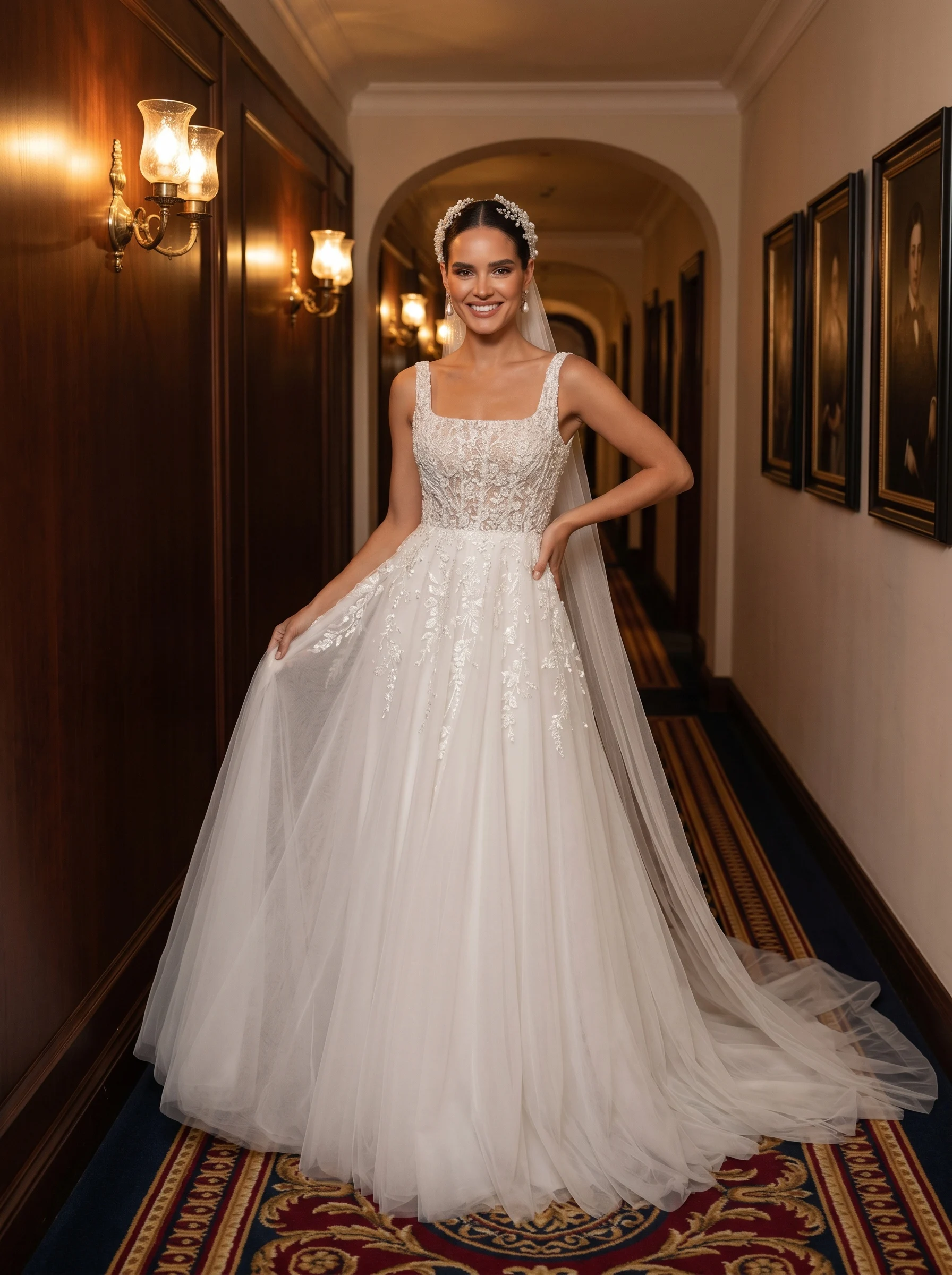 Square Neck Sleeveless Lace Bodice A-Line Wedding Dress with Tulle Skirt and Floral Appliques Bridal Gown with Train