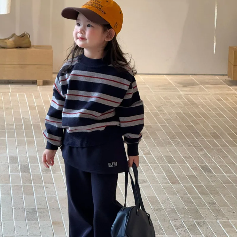 

2025 Autumn Winter Cotton Boy Girl Children Kid Clothes Stripe Daily Pullover Sweater Long Sleeve Jumper 3-10 Years Toddler Top