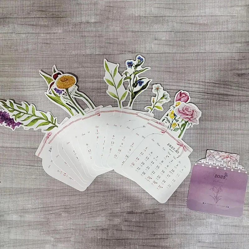 2025 Bloomy Flower Desk Calendar Creative Wooden Card Calendar High Quality Desktop Calendar Illustrator Card Insertion Calendar