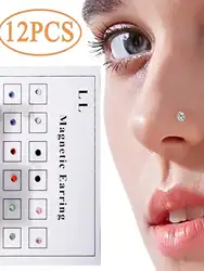 12PCS/Card Crystal Magnetic Stud Earrings Magnet Nose Ear Lip Stud Earrings Non-Piercing Crystal Fake Nasolabial Ring Clip