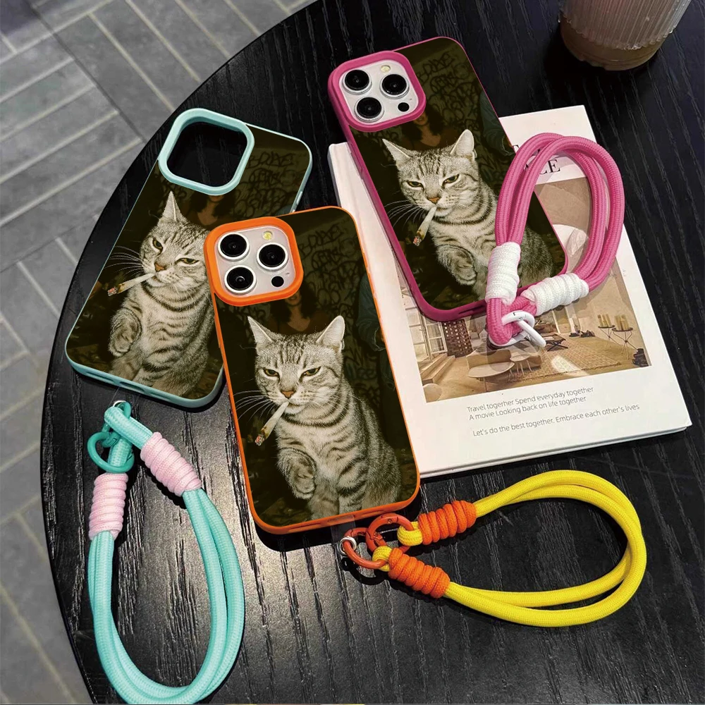 喫煙する子猫ストラップ付きロープフォンケース iPhone  - Phone Cases Leather のレビューと価格