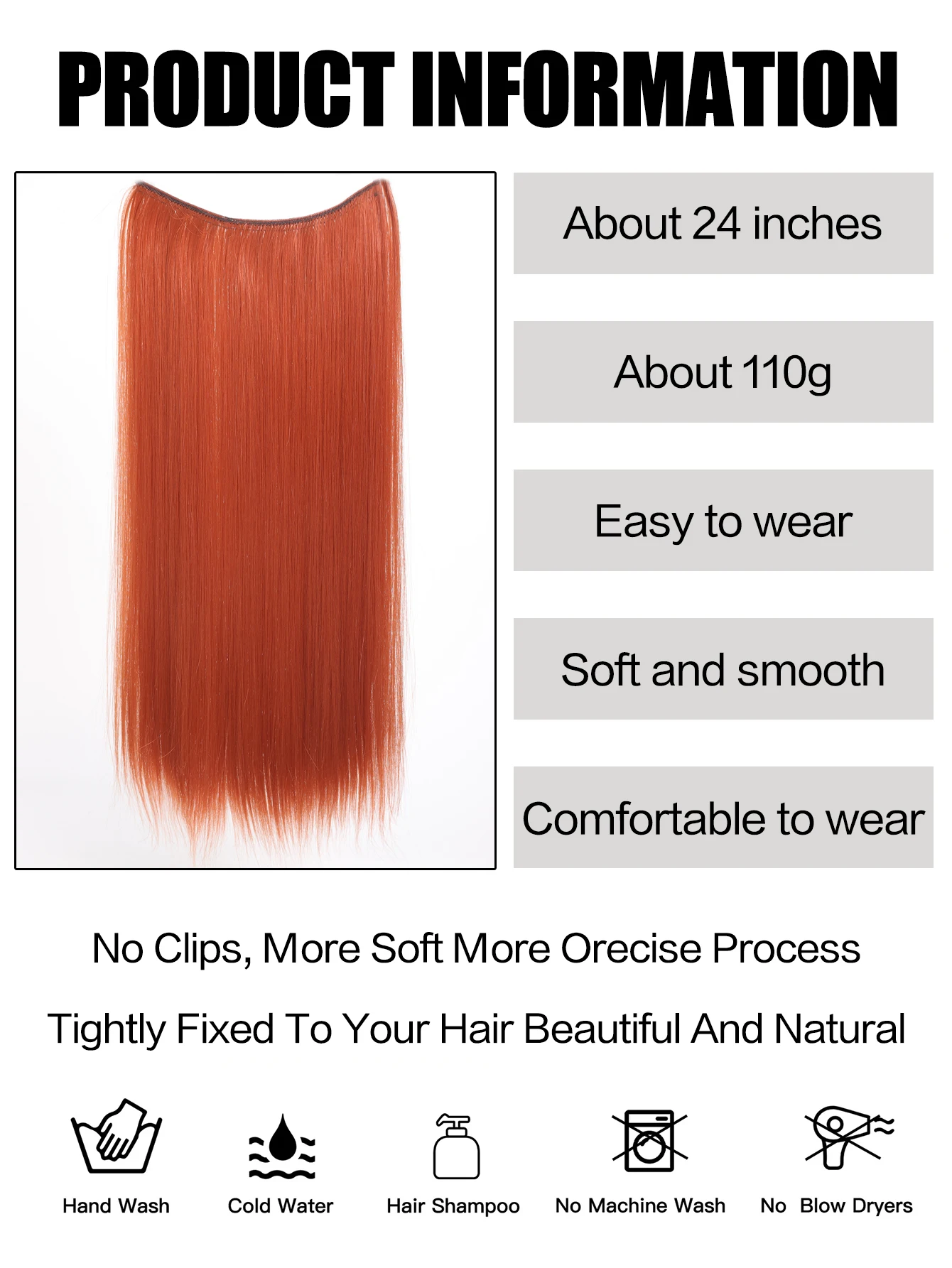 Extensões invisíveis sintéticas do cabelo do fio para mulheres, peixes linha hairpieces, nenhuns grampos, cabelo falso, 24"