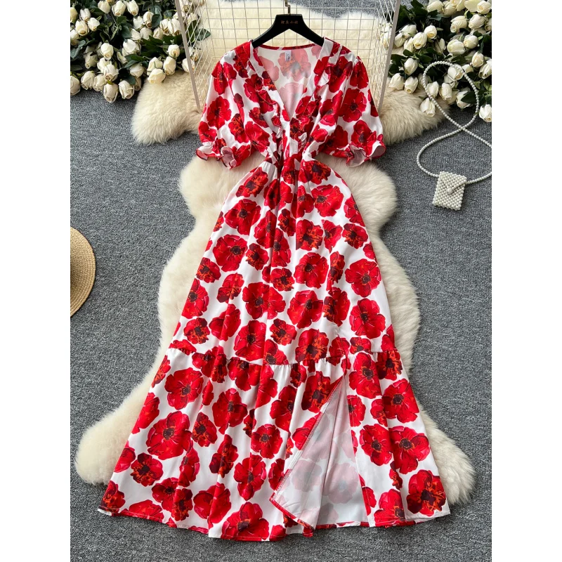 Boho vintage slim ผู้หญิงฤดูร้อน v คอดอกไม้พิมพ์ชุดยาวชายหาด vestido de festa elegant streetwear แยก vestidos