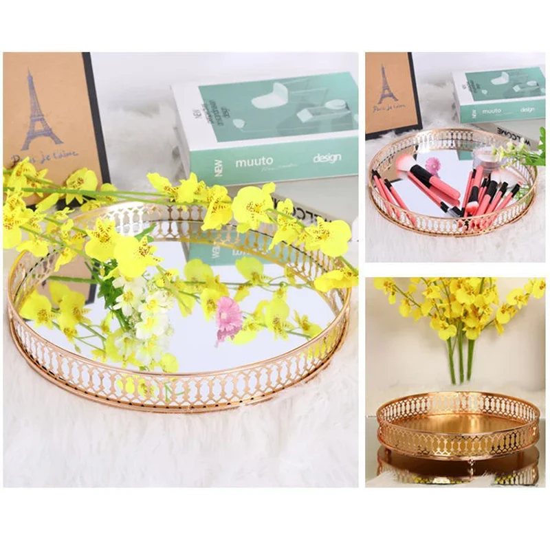 

z Home Crafts Decoration Iron Art Tray Desktop Decoration Round Luxury Fruit Plate Storage Tray