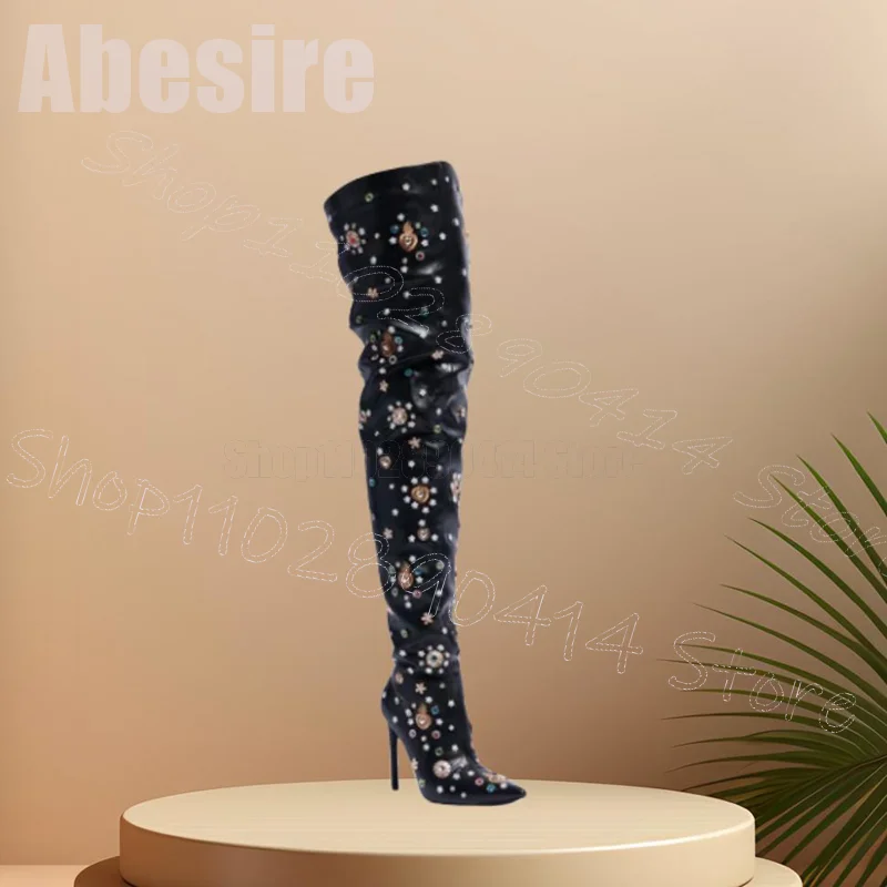 

Crystal Flower Rivets Black Pointed Toe Boots Side Zipper Women Shoes Thin High Heels New Party Banquet 2025 Zapatos Para Mujere