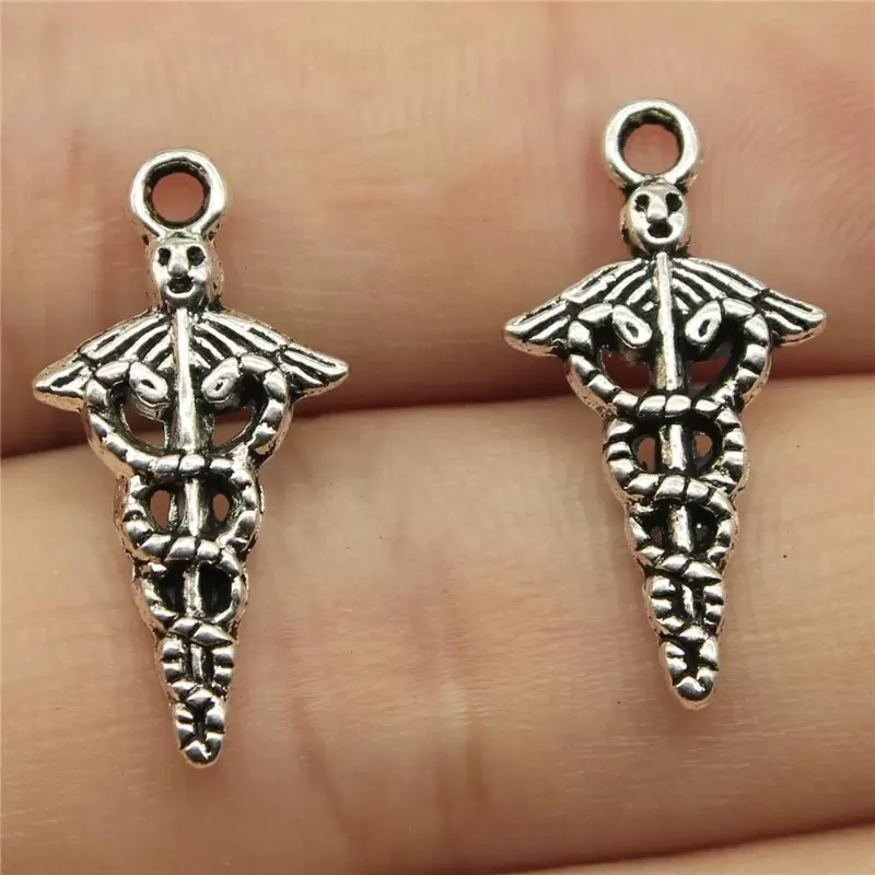 250 Stück antiksilberfarbene Caduceus-Anhänger, 24 x 12 mm, DIY-Halsketten, Ohrringe, Schmuckherstellung # 3431 Großhandel – Detail 1