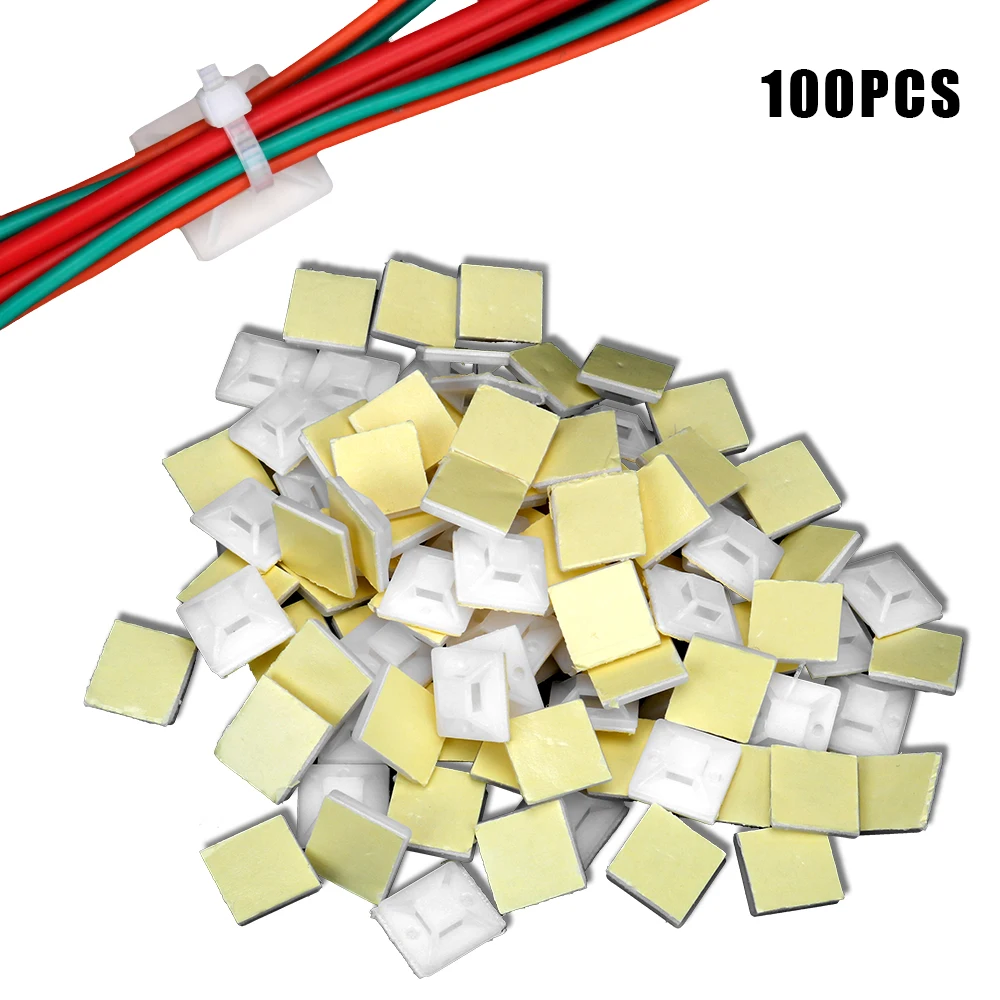 Self Adhesive 2cm x 2cm Wire Wall Holder Fixing Seat Clamps White Zip Tie Mount 100PCS Cable Tie Base