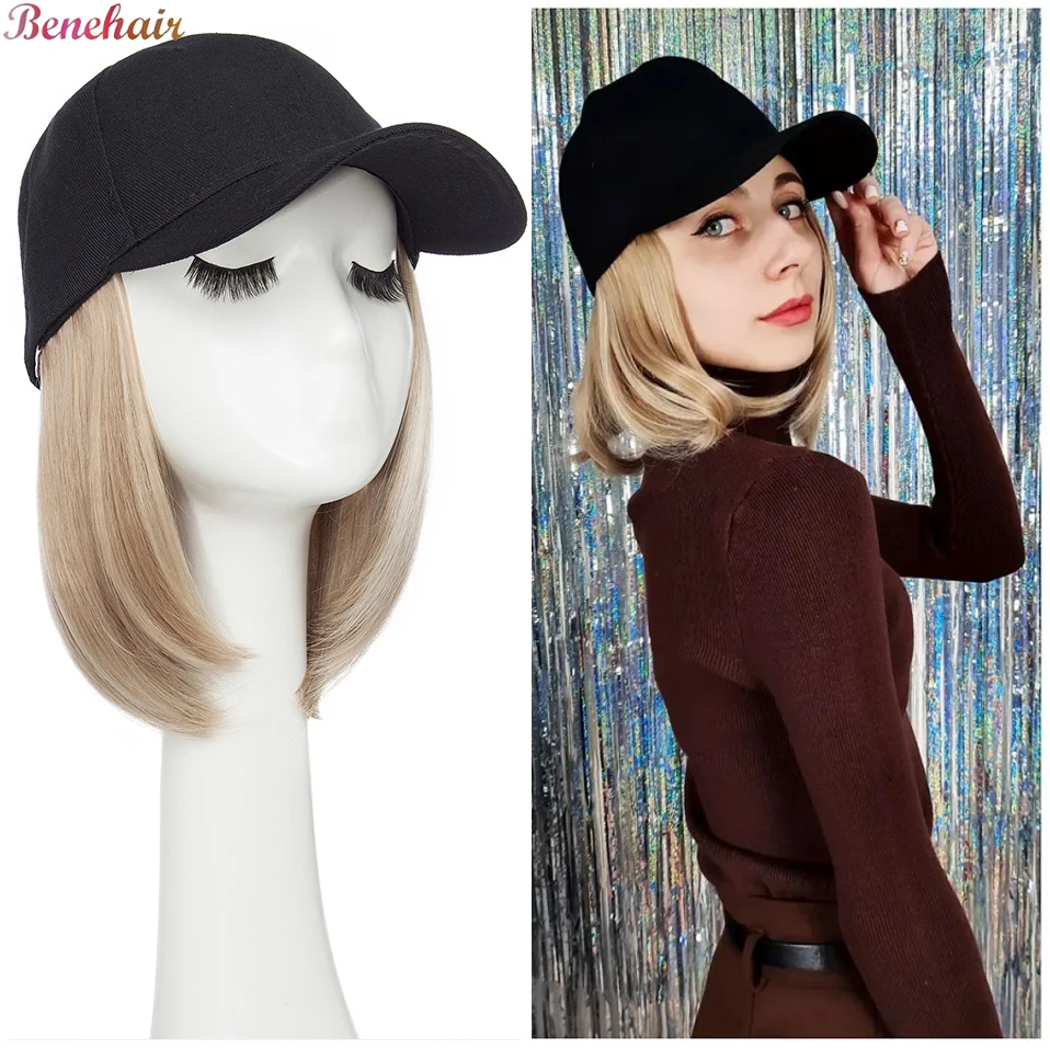 Benehair Synthetic 6inch Baseball Wig Bob Wig Black Hat Wigs Cap With Hair Naturally Connect Bob Hair Baseball Cap Adjustable