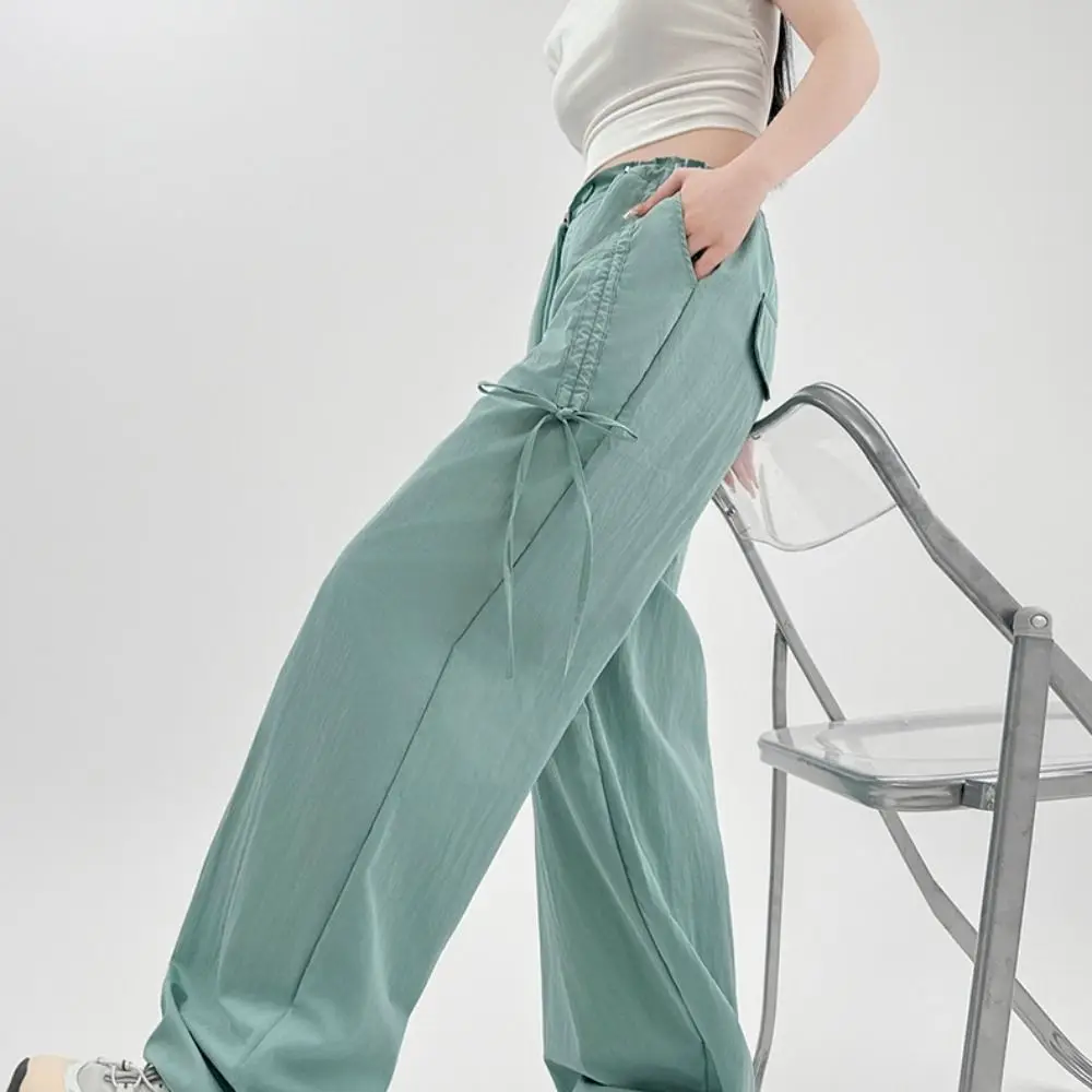 Soft Baggy Straight Leg Pants Drawstring Lace Up Bowknot Women Casual Pants Trousers with Pocket Wide Leg Loose Pants Streetwear