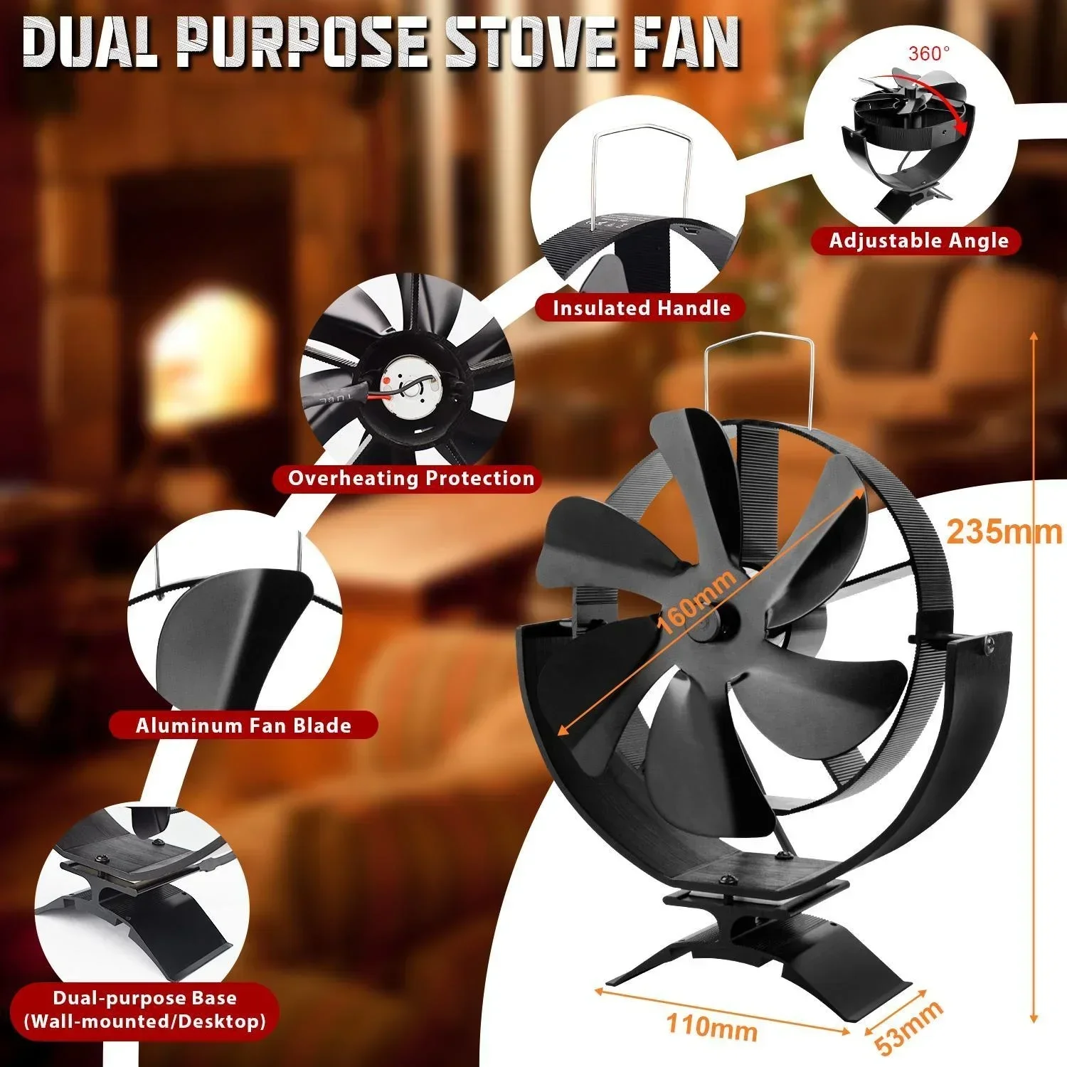 6 Blades Stove Fan Heat Powered Fireplace Fan Log Wood Burner Eco-fan Quiet 360° Rotating Fan Home Winter Warm Heat Distribution