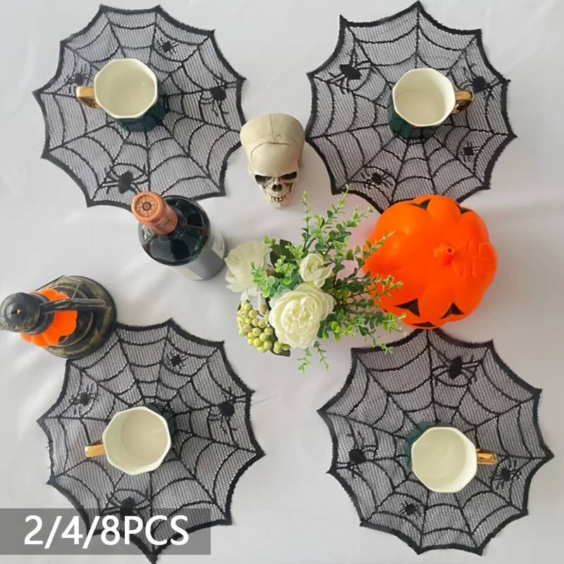 2/4/8pcs, black lace polyester placemats, Halloween round placemats, table decoration napkins, Western-style waterproof placemat