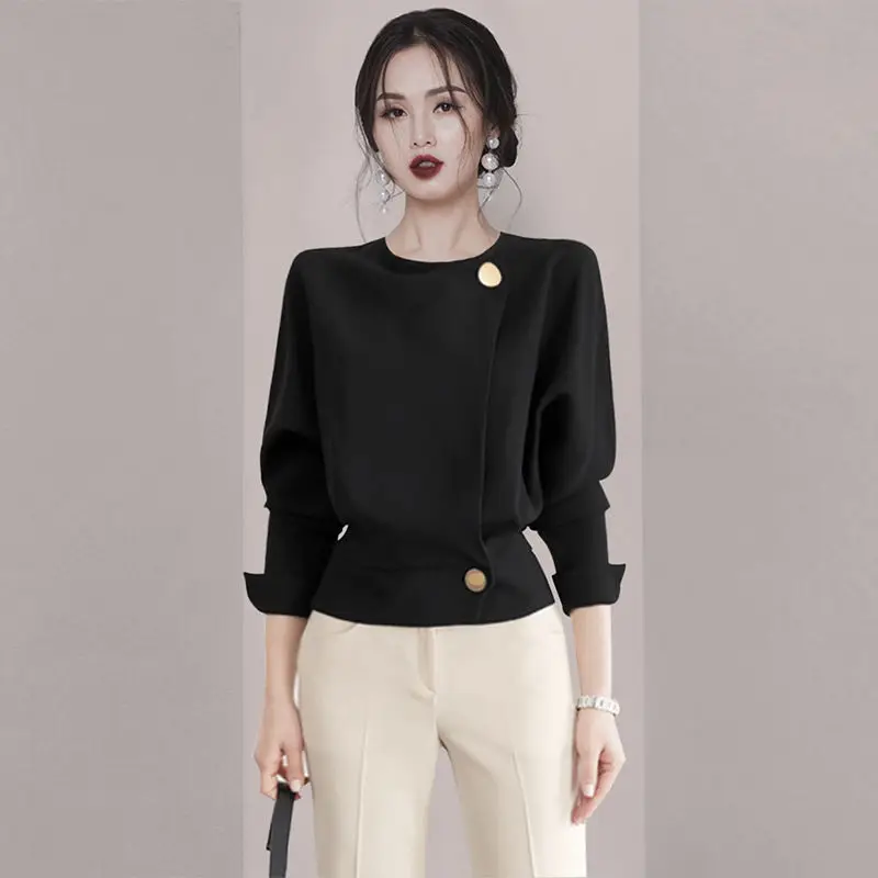 Elegant O-Neck Solid Color Button Spliced Loose Korean Shirt Women\'s Clothing 2022 Autumn New Casual Tops All-match Chic Blouse