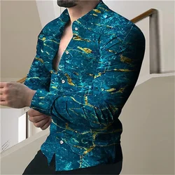 Camisa casual de manga comprida masculina, top de botão de lapela, camisa azul escura estampada, festa de baile, alta qualidade, verão, nova, 6XL, 2023