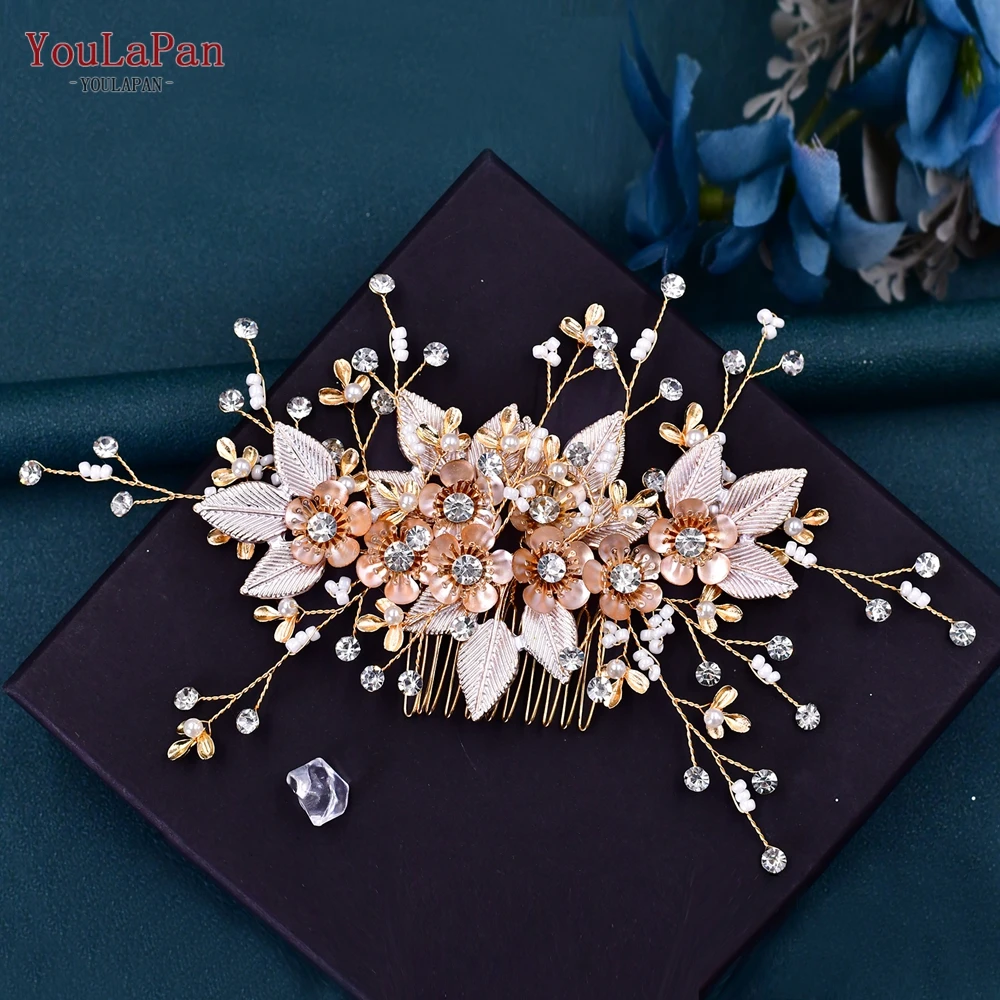 YouLaPan-peine de pelo de novia con flores de aleación, horquillas con diamantes de imitación para dama de honor, accesorios para el cabello de hoja, tocado, HP358