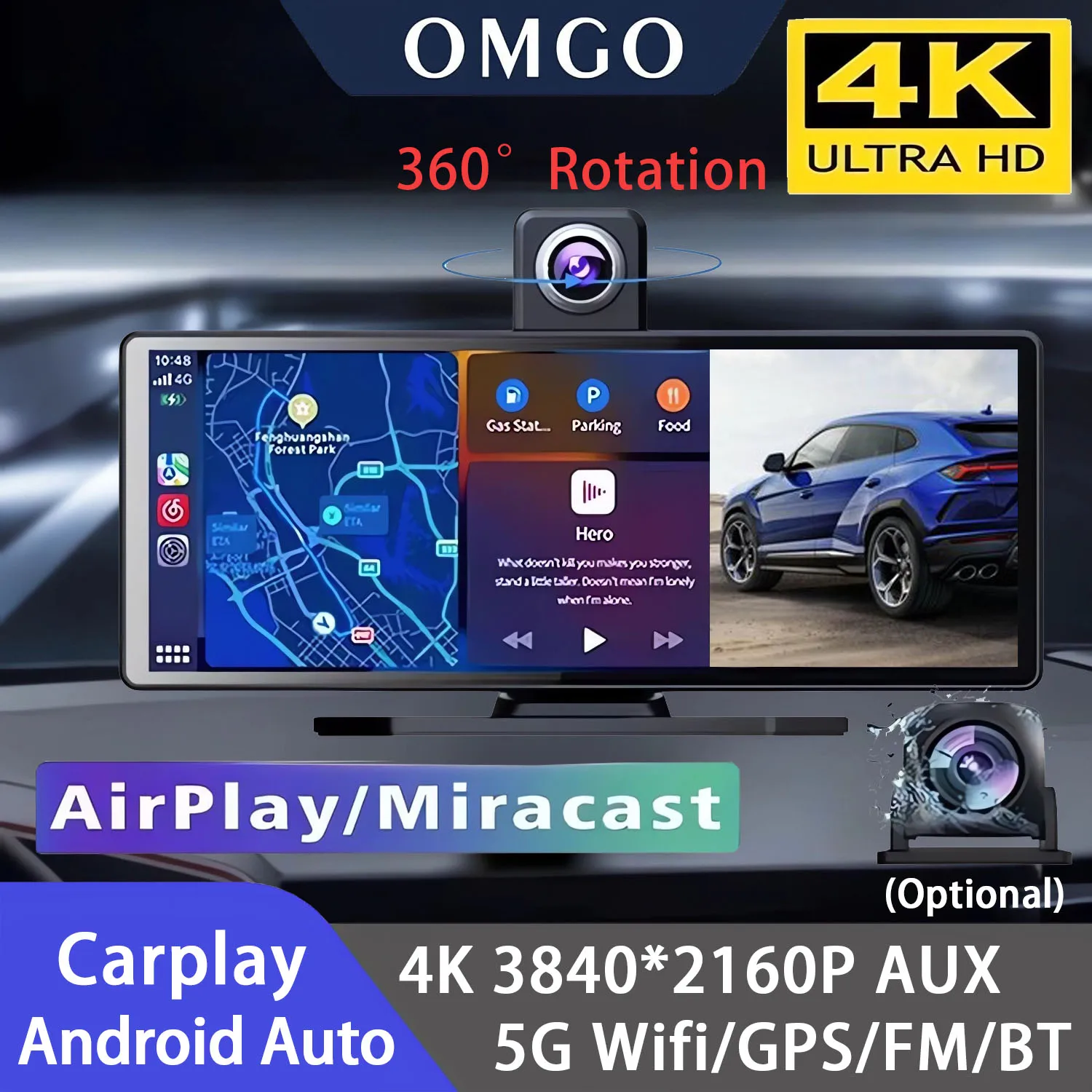 

10.26 Inch Car Dvr 4K 3840*2160P Carplay Android-Auto GPS 5G WIFI FM BT Dash Cam Dual Lens Dashcam Truck Camera Drive Recorder