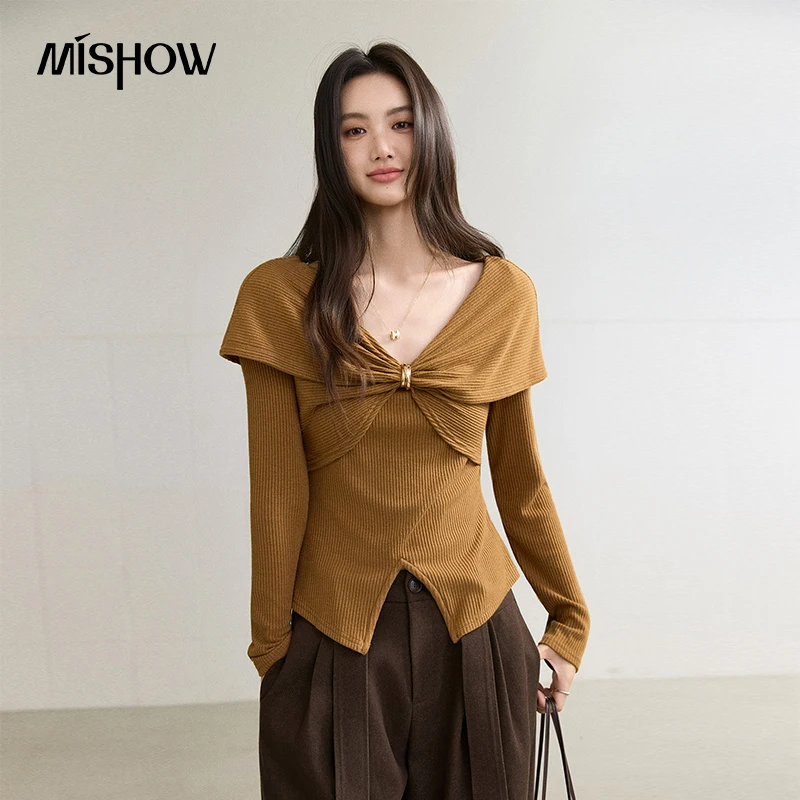 MISHOW Women's French Ribbed Knit Top 2026 Autumn Bow V-neck Slim Slit Hem Tops Long Sleeve Elegant  Basic Knitwear MXF46T3329
