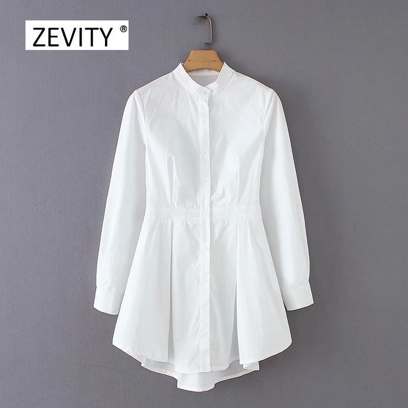 women elegant stand collar hem irregular pleats white blouse casual shirts office lady business feminina blusas chic tops LS2766