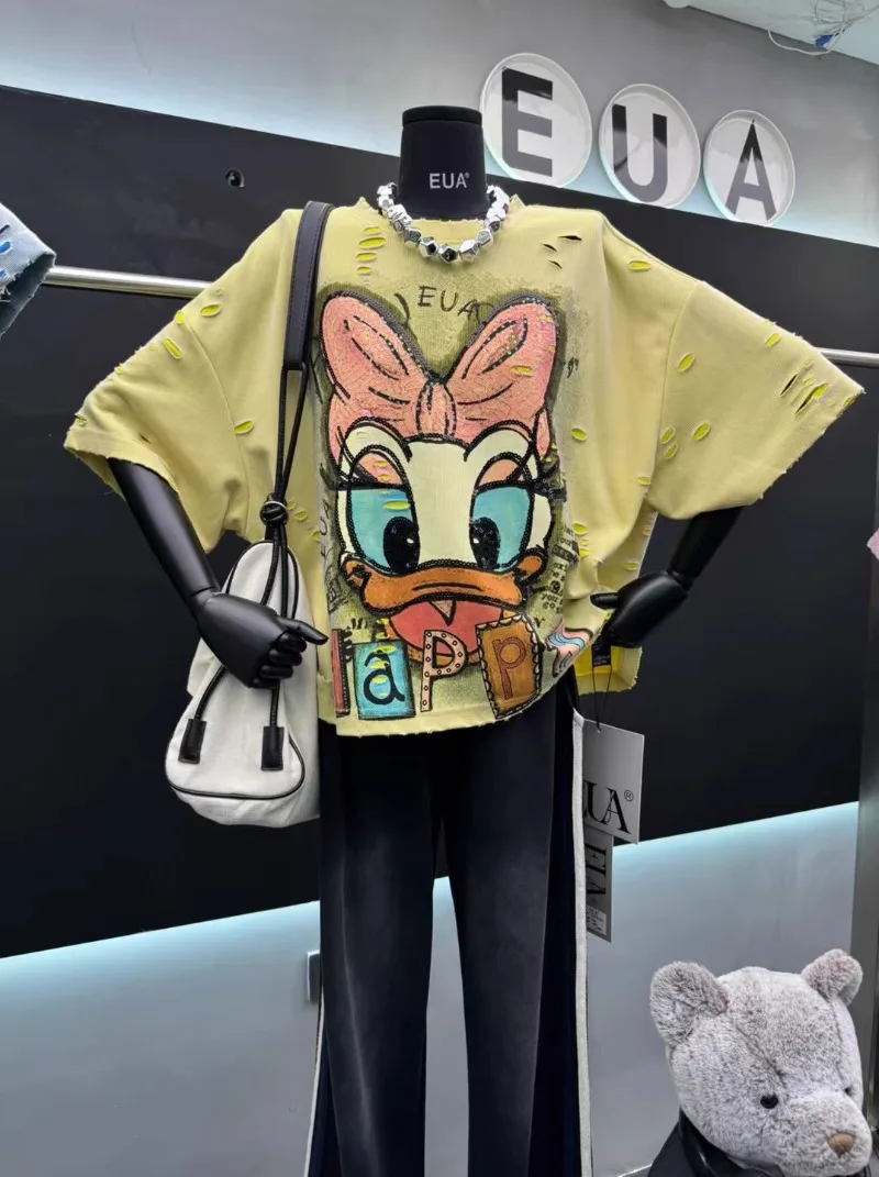 Spring 2025 New Light Blue Tshirts Loose Heavy Industry Nostalgic Short Sleeves T-Shirt Top Women's Casual Y2k Tees Pullovers