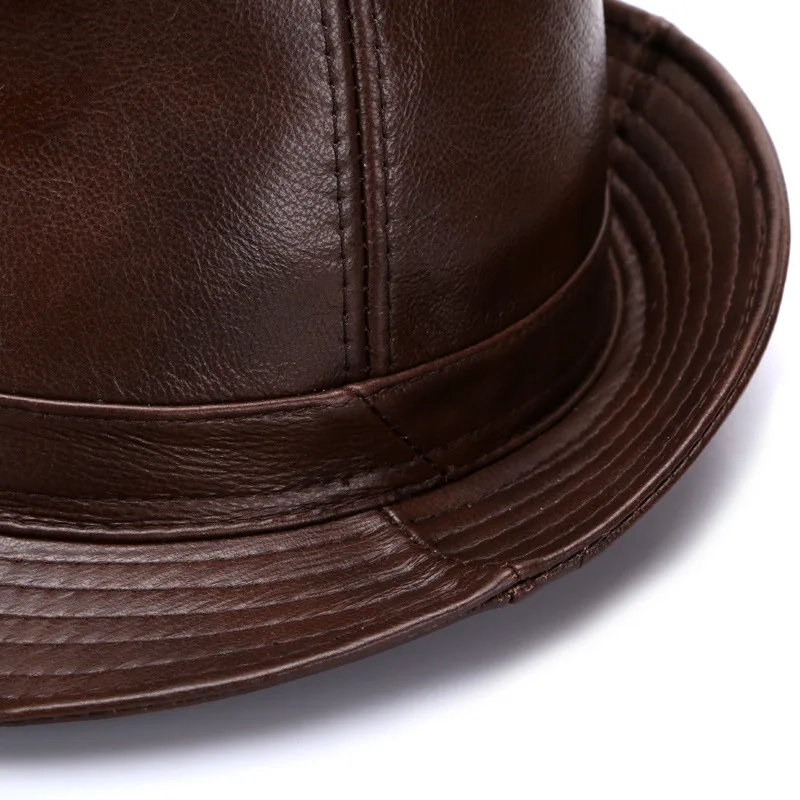 Men\'s Genuine Leather Fedora Hat Top Grain Cowhide Vintage Pork Pie Cap for Comfort and Breathability 55-62cm