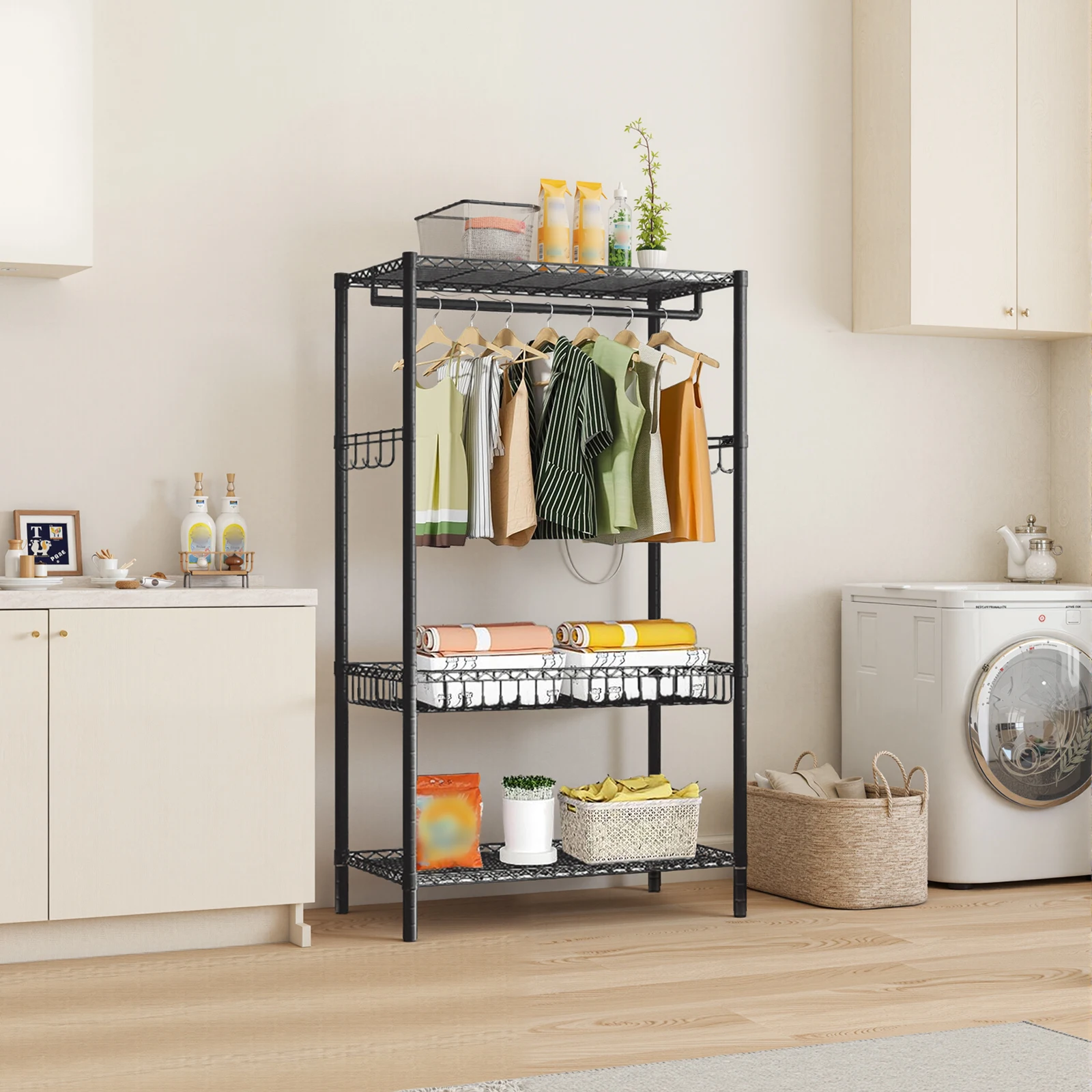 Heavy Duty Garment Rack, Portable Clothes Rack For Hanging Clothes, Wardrobe Storage Rack With 2 Shelves And 1 Hang Rod