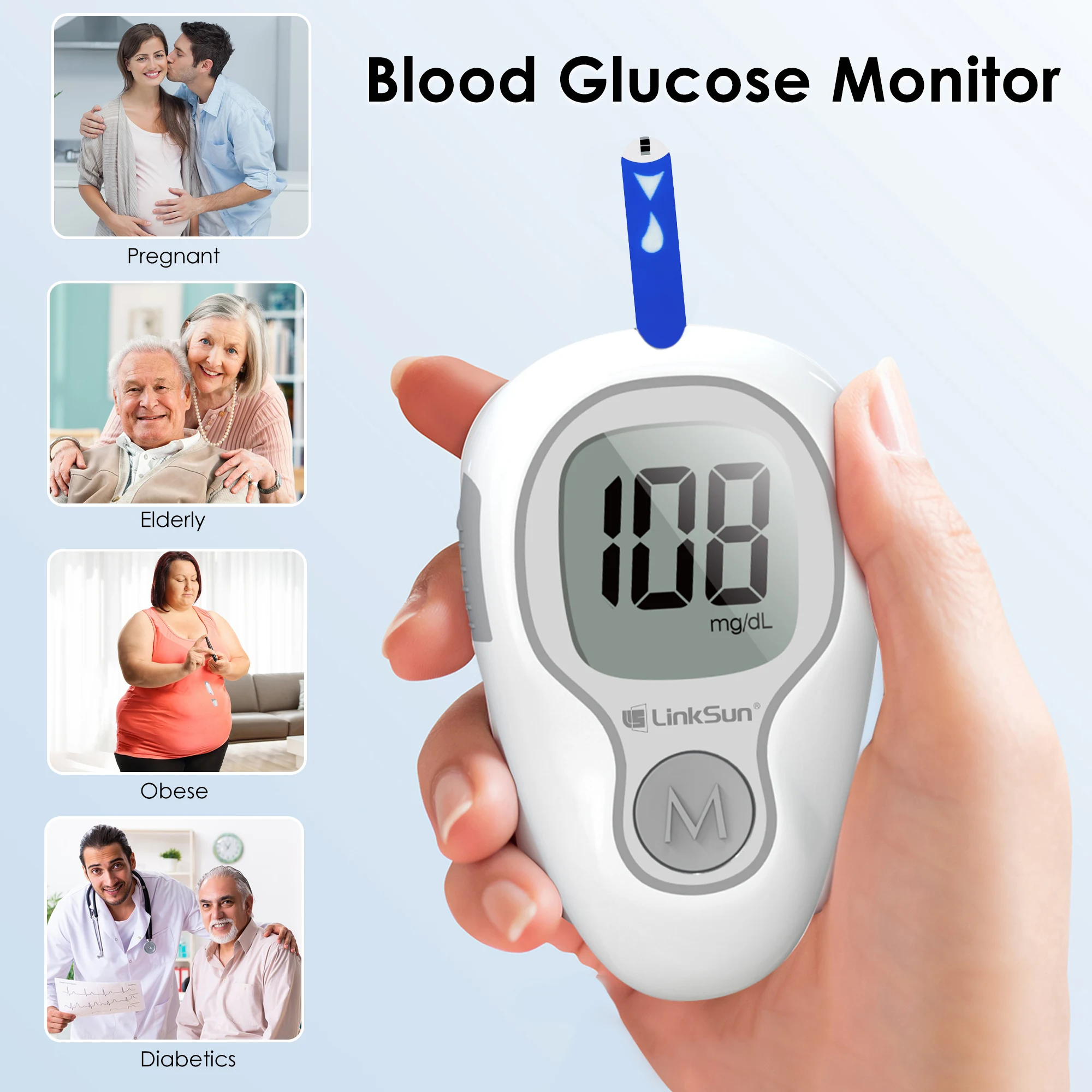 Kit Complet de Glycomètre LinkSun G-425-3 avec 10/50/100 Bandelettes de Test, Appareil de Mesure de la Glycémie, Glycomètre pour Diabétiques