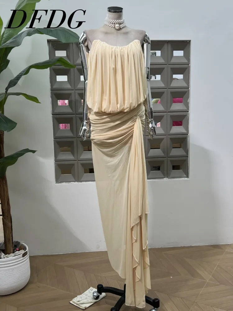 

DFDG Women’s Asymmetric Draped Ribbon Sweetheart Neck Pleated Skirt Chiffon Gown Evening Dress 2025 Spring Summer Formal Party