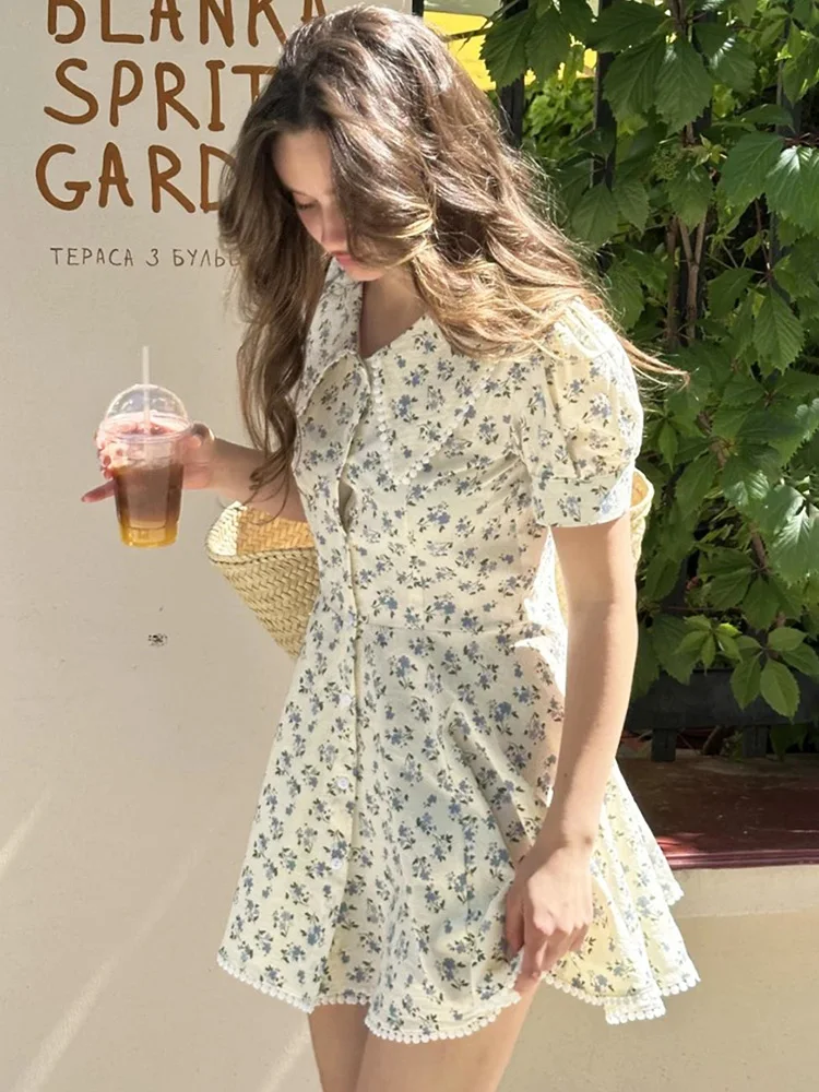 

Talenza Women Summer Dress New Print Single-Button Collar Short-Sleeve Dress Chic High-Waisted Casual 2026 Vacation Party Dress