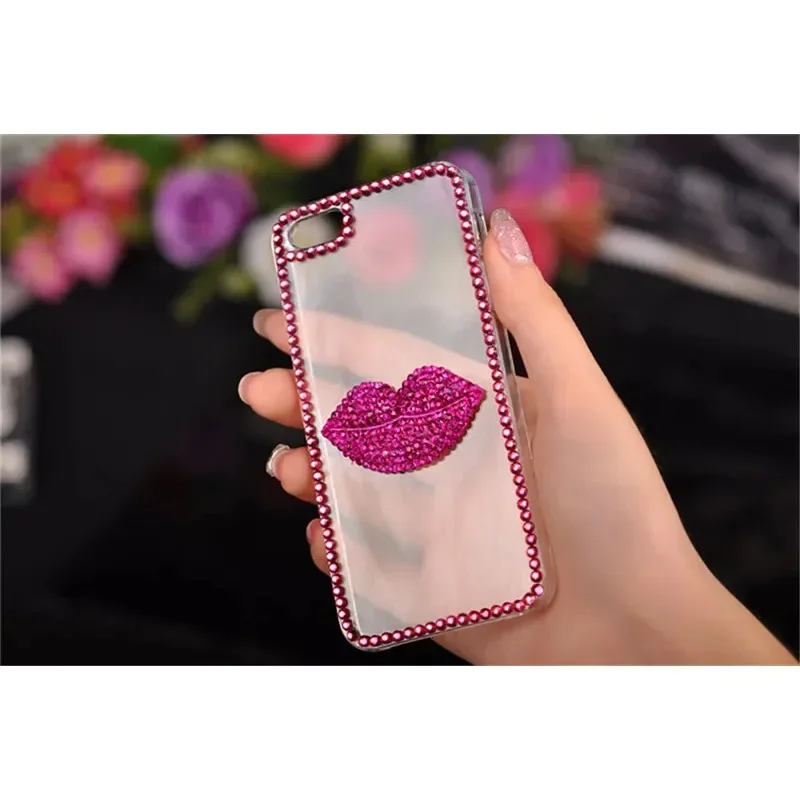 Luxury Bling Rhinestone Pink Lips Cover, for Samsung Galaxy S23 Ultra, S24, S21, S22, Note8, 9, 10, 20 Plus, Case