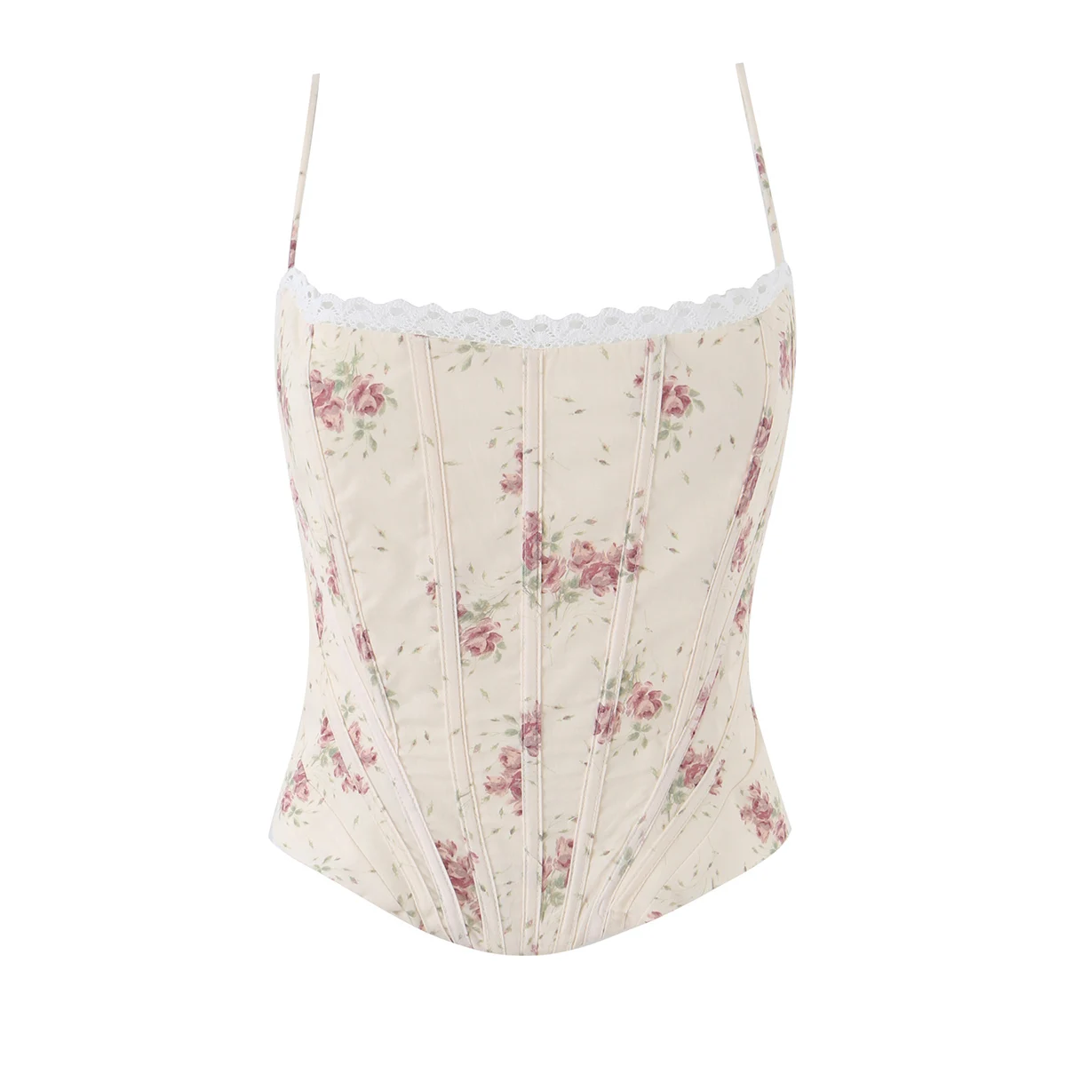 DUOPERI Women Cream Rose Print  Spaghetti Strap Cami Top Square Neck Boned Corset Camisole  Casual Sweet Layering Top