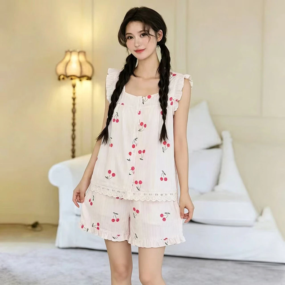 

New 2026 Women's Summer 2pcs Sleepwear Sets Cherry Print Top And Shorts Pajamas With Chest Pad Sweet Girls Homewear Loungewear