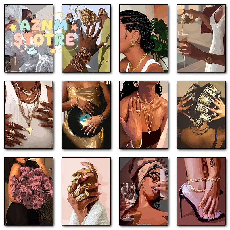 Fashion Make Up Black Girl African Woman Beautiful Jewelry Nails Poster Canvas Painting Wall Art Picture Girl‘s Room Home Dec