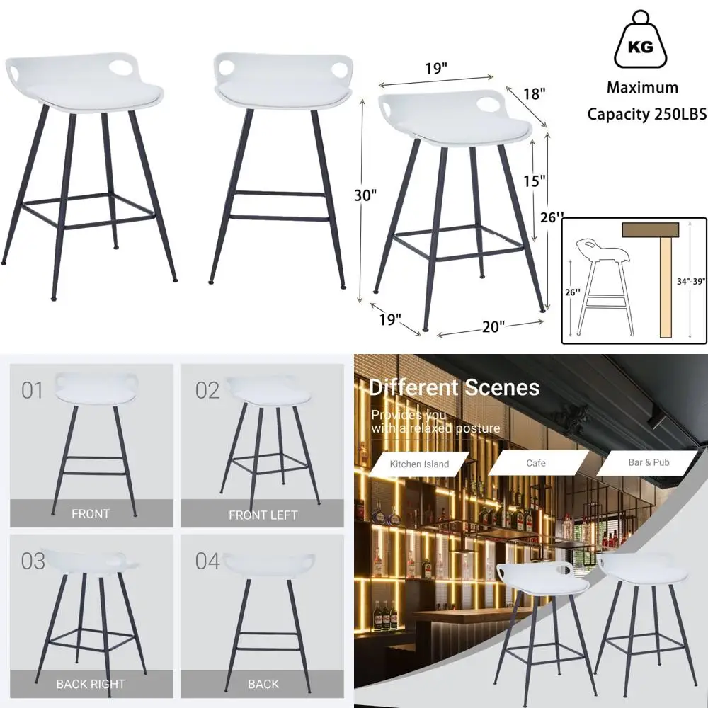 

Set of 2, 26 Inch Backless Bar Stools with Leather Cushion, Modern Minimalist Design