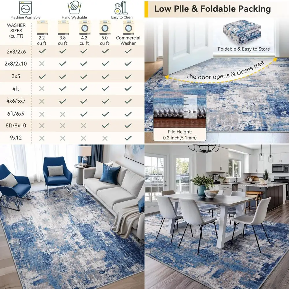 

5x7' Washable Non-Slip Modern Abstract Rug for Living Room, Entryway, Bedroom, or Nursery - Blue, Grey, and Navy Pattern