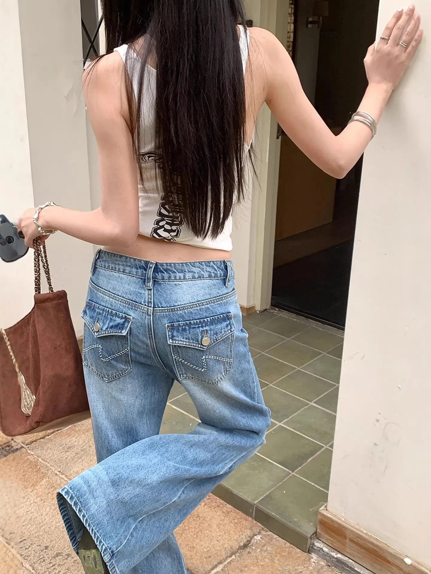 

plus Size American High Street Pocket Embroidery Straight Leg Jeans Women's Loose Drapey Slimming Micro Flared Floor-Length P...