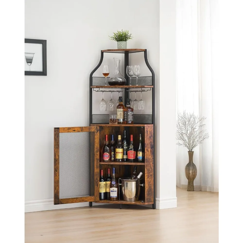 Eck-Barschrank mit LED-Licht, Weinbarschrank und Glashalter, 5-stufiger Stauraum, Eckschrank für Spirituosen, industrieller Wein