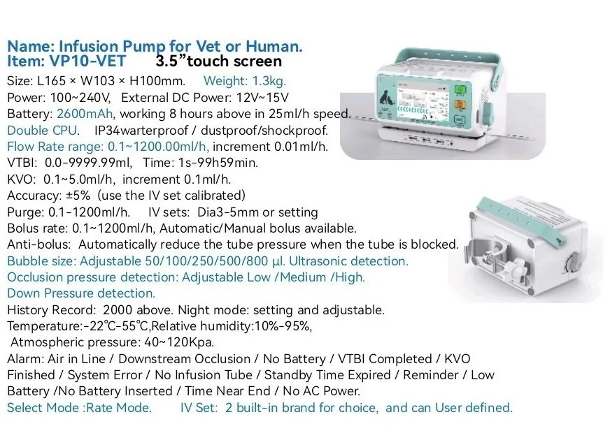 High-Flow Rate Range For Human or Vet Infusion Pump 3.5”Colorful Touch Screen DPS Dynamic Pressure Monitoring Real-time Display