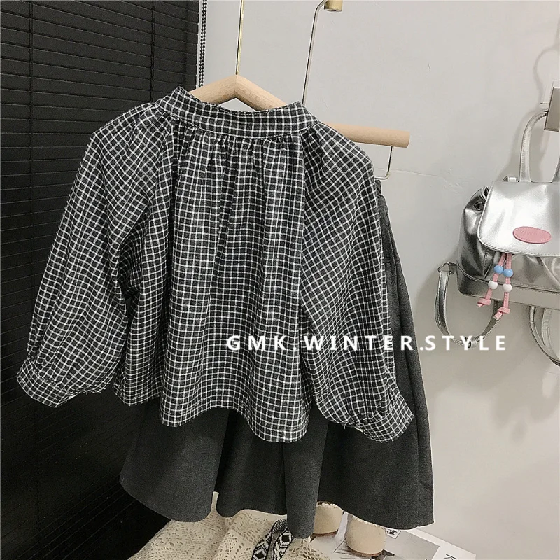Girls' Long Sleeve Shirt Plaid Stand Collar Doll Shirt Top Autumn Loose Woolen Straight Pants Children