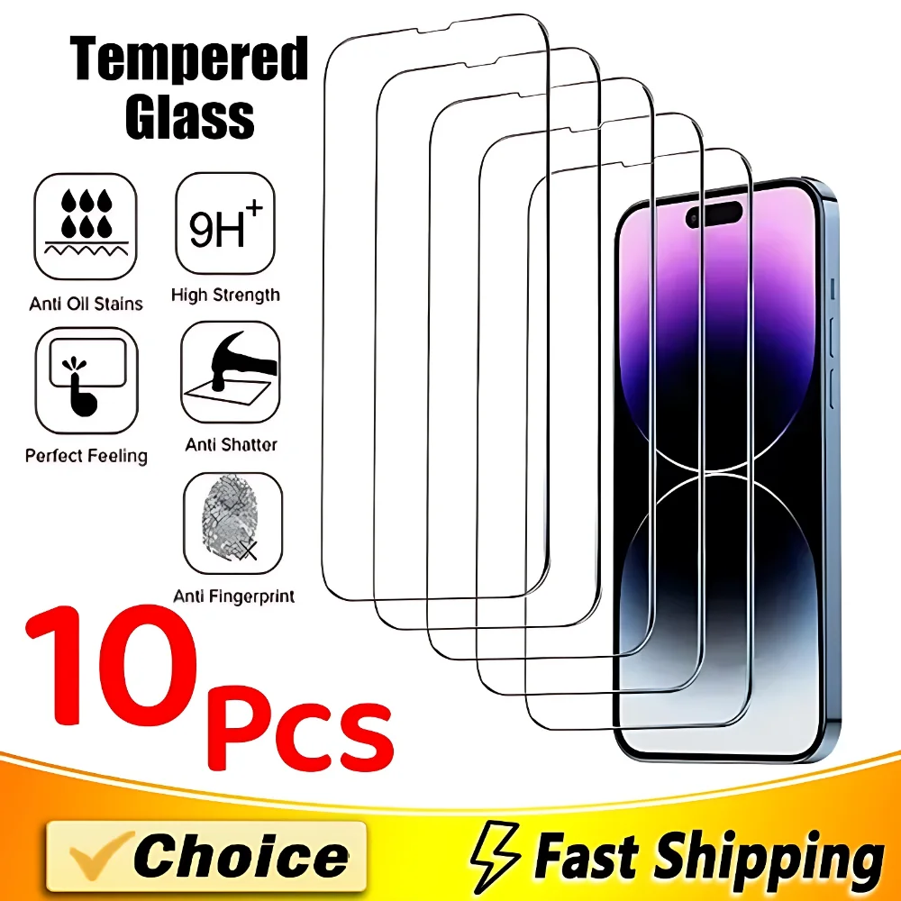 10Pcs Tempered Glass for IPhone 15 14 13 12 11 Pro Max Screen Protector for IPhone 12Mini 13Mini 7 8 Plus SE X XS XR 14Pro Glass