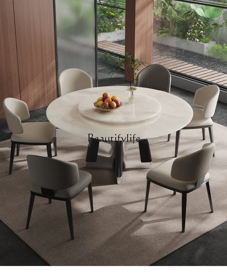 Modern simple pure natural marble dining table light luxury white ice jade luxury stone round dining table