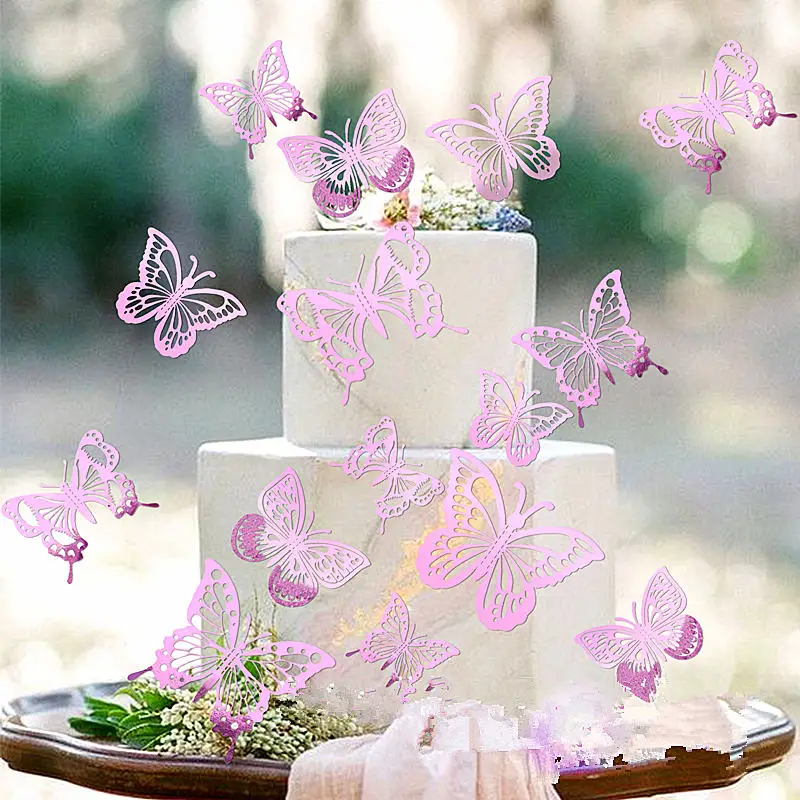 New 12pcs Happy Birthday Cake Topper Rose Gold Folding Type Butterfly Kids Party Cake Topper Dessert Decoration Baby Shower Gift