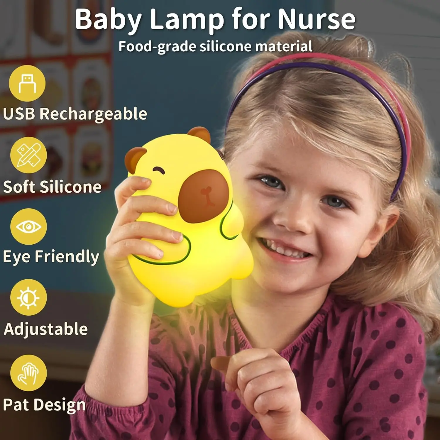 Linda luz nocturna de silicona Capybara LED recargable con temporizador de atenuación para niños, lámpara de noche de animales para dormir, decoración de habitación