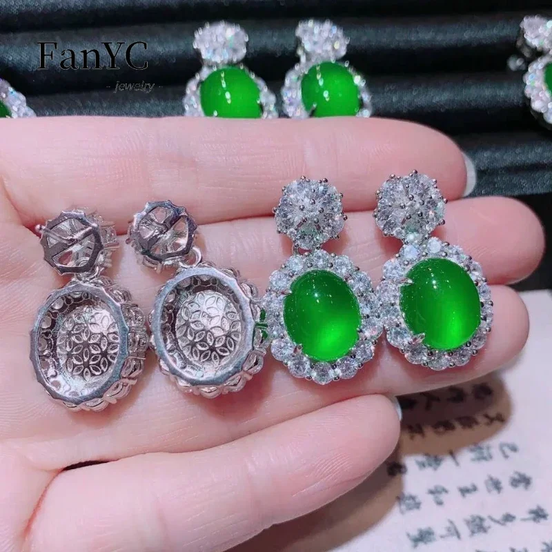 Natural 925 Silver Inlaid with Ice Green Agate Atmospheric Pigeon Egg Earrings Luxury Charm Jewelry Holiday Gift for Women