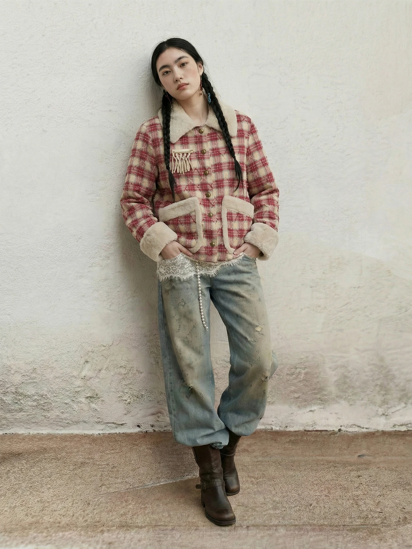 

Quilted Cotton Winter Jaet for Women with Lamb Fur Collar Retro Briti College Sle Diamond Pattern Warm Outerwear Coat