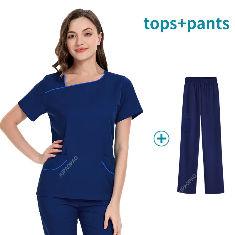 Nurse Uniform Workwear Women Short Sleeve V-neck Solid Color Medical Nursing Blouse Working Uniforms Carer  Overalls Scrubs Top