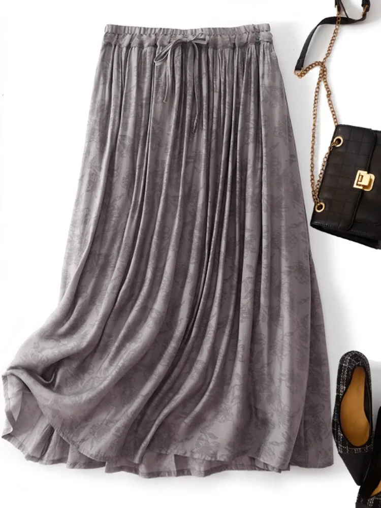 

Ele Summer f Skirt Women's Soft Thin Casual A-Line Midi Skirt Flared Skirt Slimming Effect Floral Embroidery High Waist