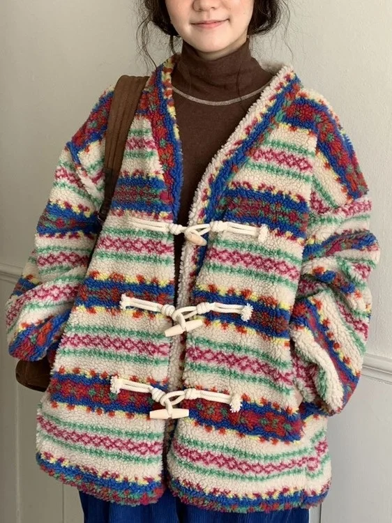 

Faionable Color Blo Lamb Fur Jaet Women's Winter Loose Lazy Sle Warm Top Korean Sle Thiened Korean Version