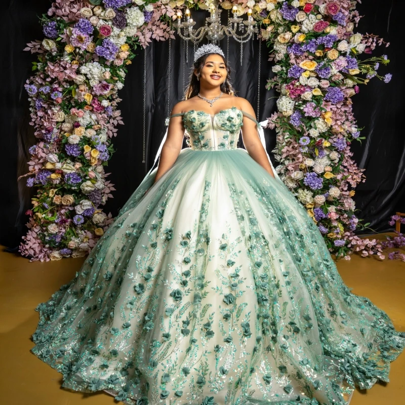 

Green Shiny Ball Gown Quinceanera Dresses Sequin Applique Flower Beading Crystal Tull Corset Off Shoulder Sweet 16 Dress vestido