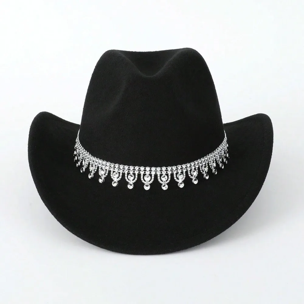Sparkling Western Cowboy Hat Curved Wide Brim Rhinestone Decoration Felt Fedora Hat Non-Elastic Breathable Top Hat Wedding