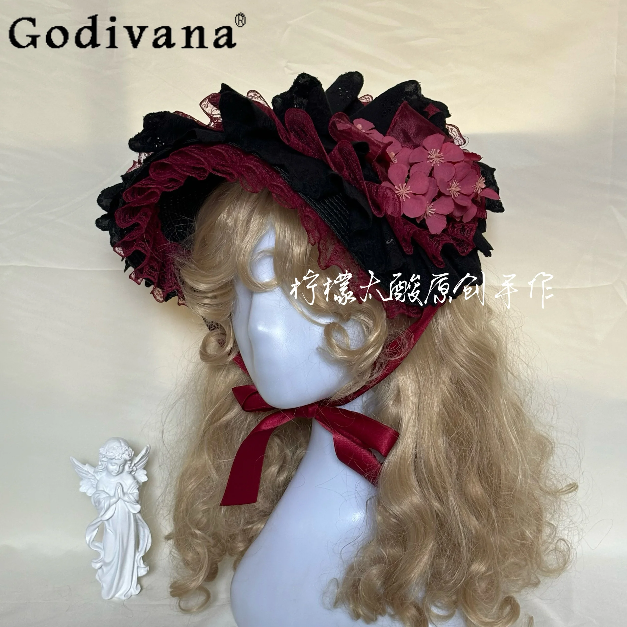

Japanese Original Cosplay Dark Gothic Velvet Rose Lolita Black and Red Headwear Sweet Cool Girl Halloween Decoration