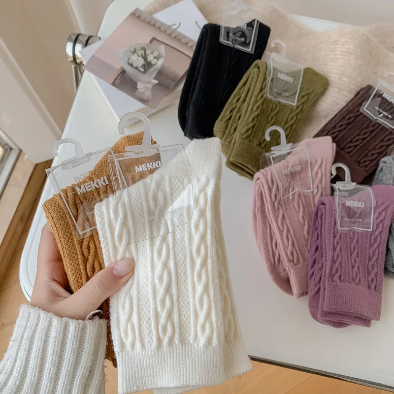 8 Pairs Women's Japanese Style Knit Cashmere Mid-Calf Socks Set Casual Warm Winter Socks Woman Grip Socks High Quality Hosiery